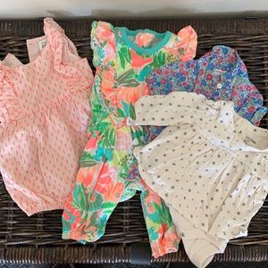 Mixed brand, 4 items, rompers/dress/shirt, 0-3 Months